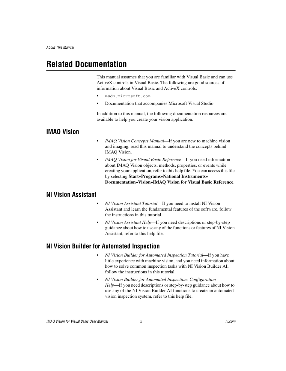 Related documentation, Imaq vision, Ni vision assistant | Ni vision builder for automated inspection | National Instruments IMAQTM User Manual | Page 9 / 121