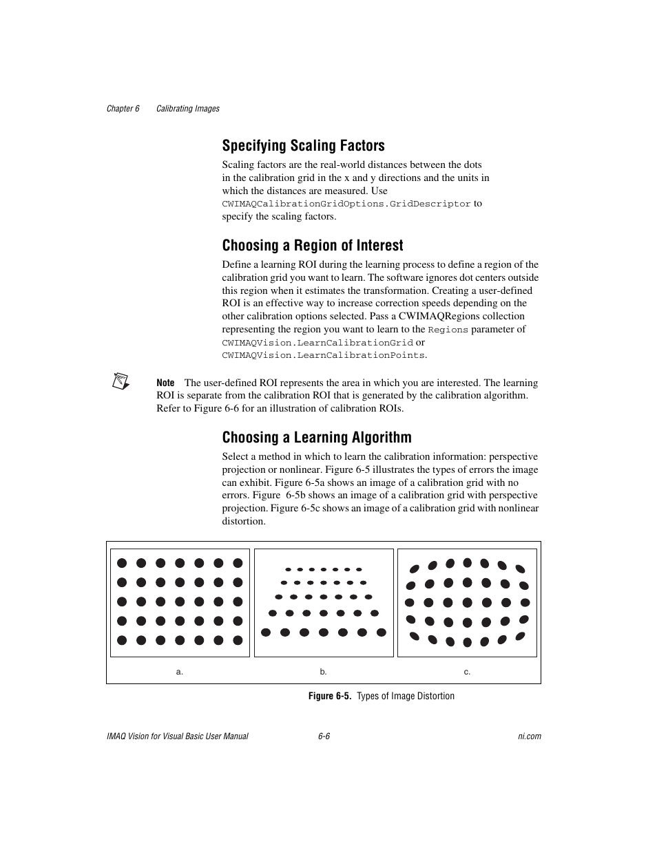 Specifying scaling factors, Choosing a region of interest, Choosing a learning algorithm | Figure 6-5. types of image distortion | National Instruments IMAQTM User Manual | Page 91 / 121