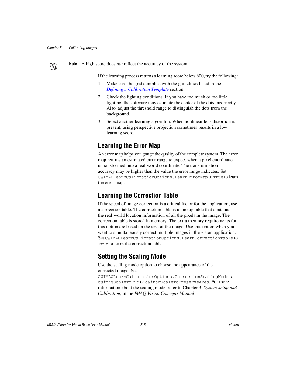 Learning the error map, Learning the correction table, Setting the scaling mode | National Instruments IMAQTM User Manual | Page 93 / 121