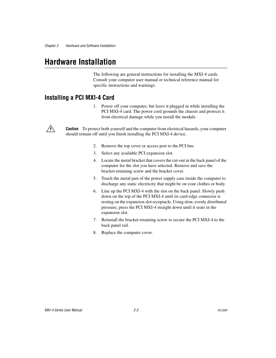 Hardware installation, Installing a pci mxi-4 card, Hardware installation -2 | Installing a pci mxi-4 card -2 | National Instruments PCI-8331 User Manual | Page 16 / 43