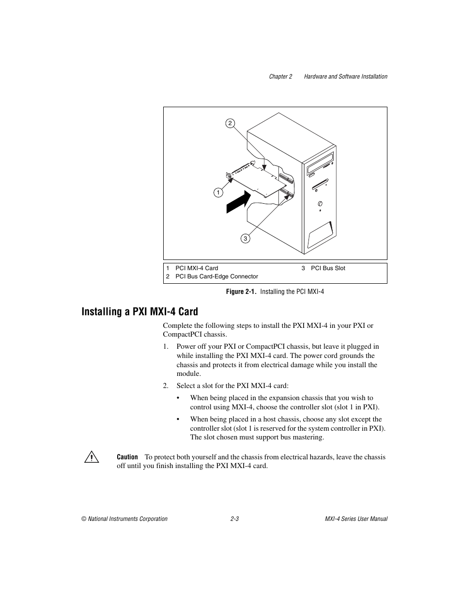 Figure 2-1. installing the pci mxi-4, Installing a pxi mxi-4 card, Installing a pxi mxi-4 card -3 | National Instruments PCI-8331 User Manual | Page 17 / 43