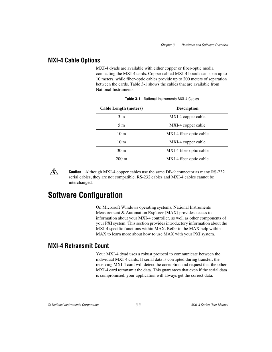 Mxi-4 cable options, Table 3-1. national instruments mxi-4 cables, Software configuration | Mxi-4 retransmit count, Mxi-4 cable options -3, Software configuration -3, Mxi-4 retransmit count -3, Sect | National Instruments PCI-8331 User Manual | Page 23 / 43