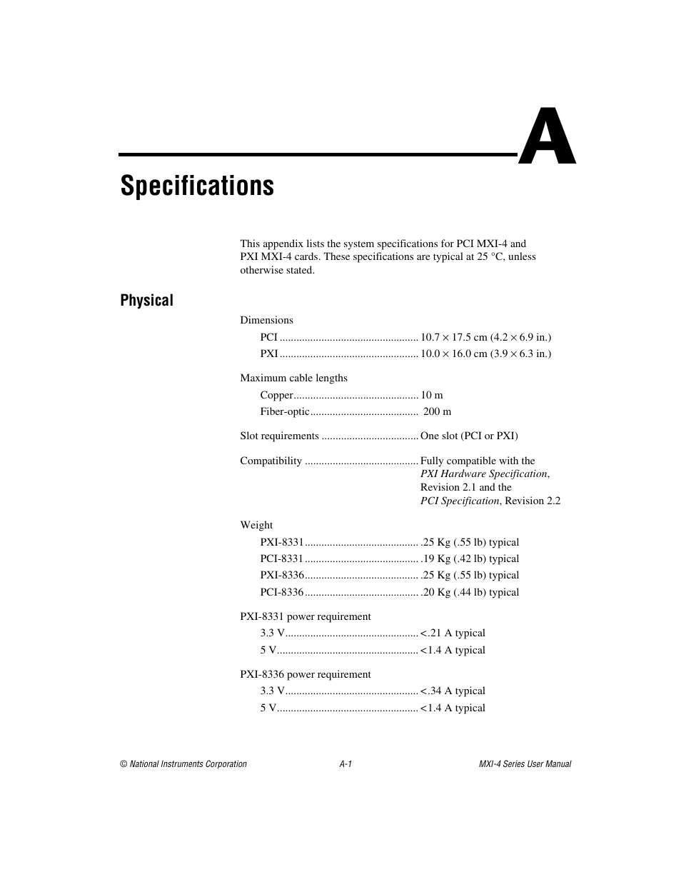 Appendix a specifications, Specifications | National Instruments PCI-8331 User Manual | Page 28 / 43