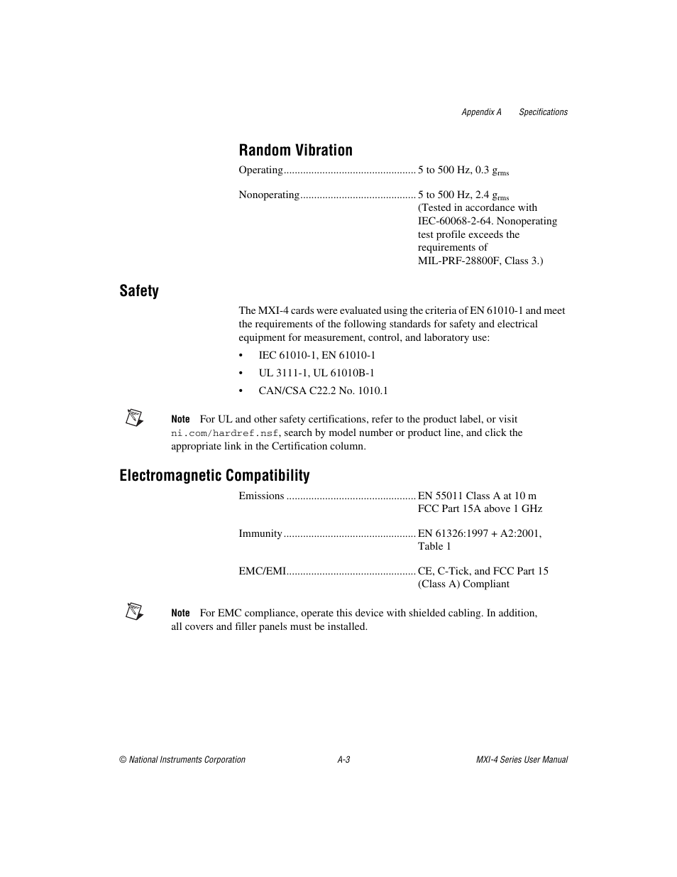 Random vibration, Safety, Electromagnetic compatibility | National Instruments PCI-8331 User Manual | Page 30 / 43