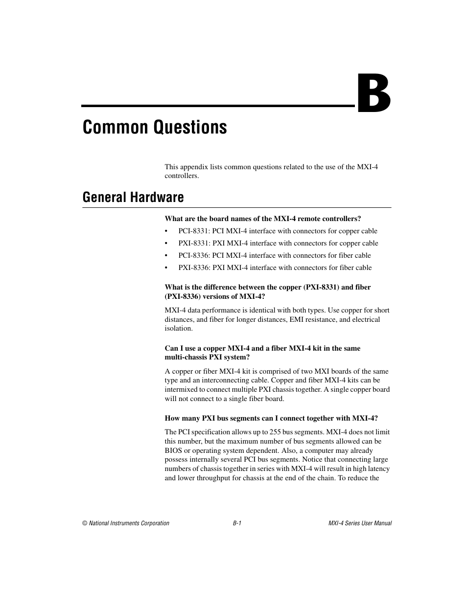 Appendix b common questions, Common questions, General hardware | National Instruments PCI-8331 User Manual | Page 32 / 43