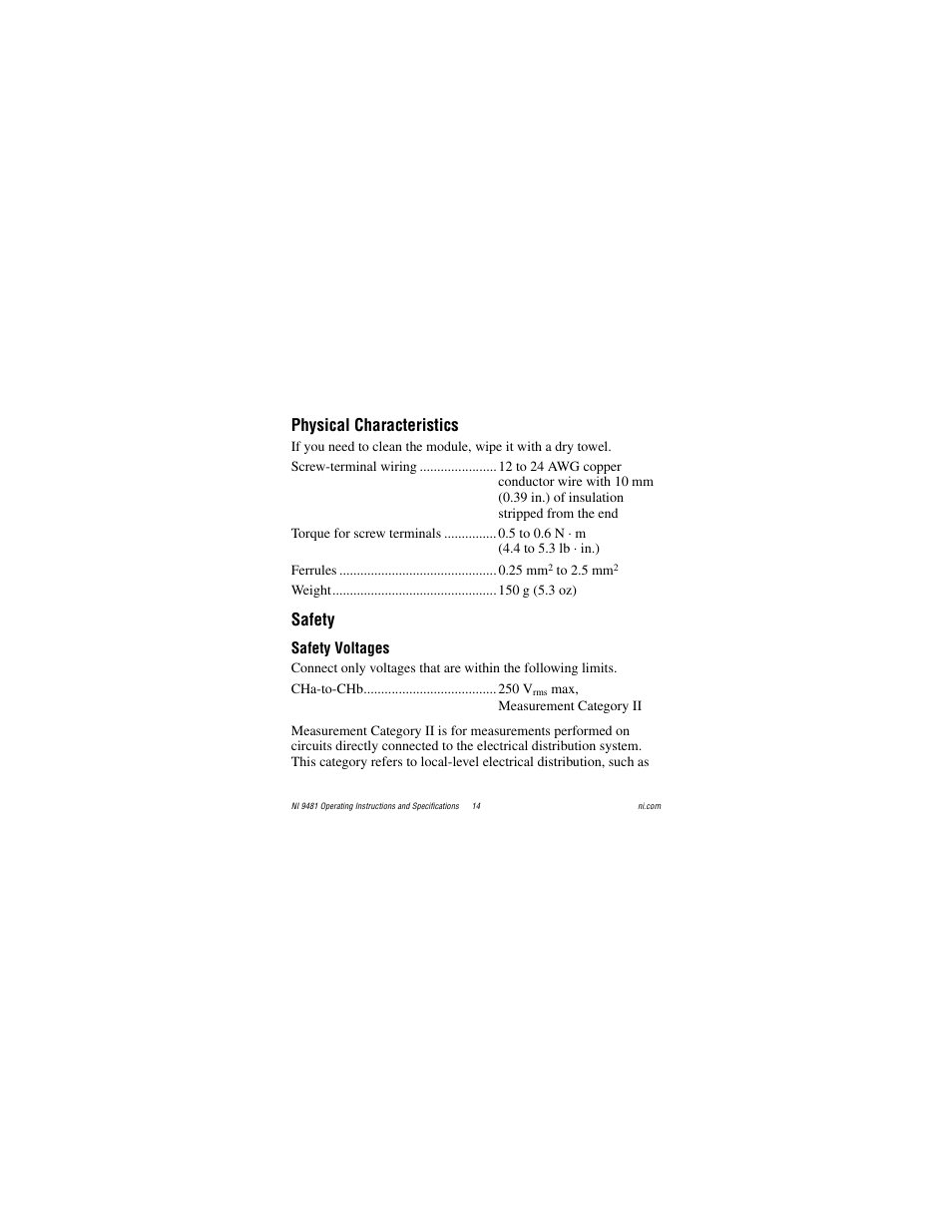 Physical characteristics, Safety, Safety voltages | National Instruments NI 9481 User Manual | Page 14 / 23