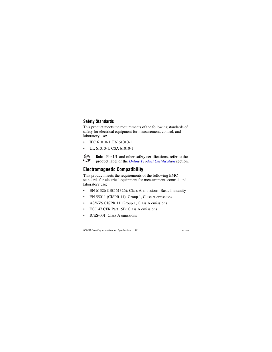 Safety standards, Electromagnetic compatibility | National Instruments NI 9481 User Manual | Page 16 / 23