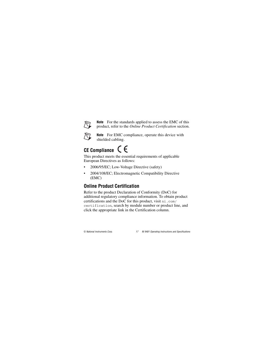 Ce compliance, Online product certification | National Instruments NI 9481 User Manual | Page 17 / 23