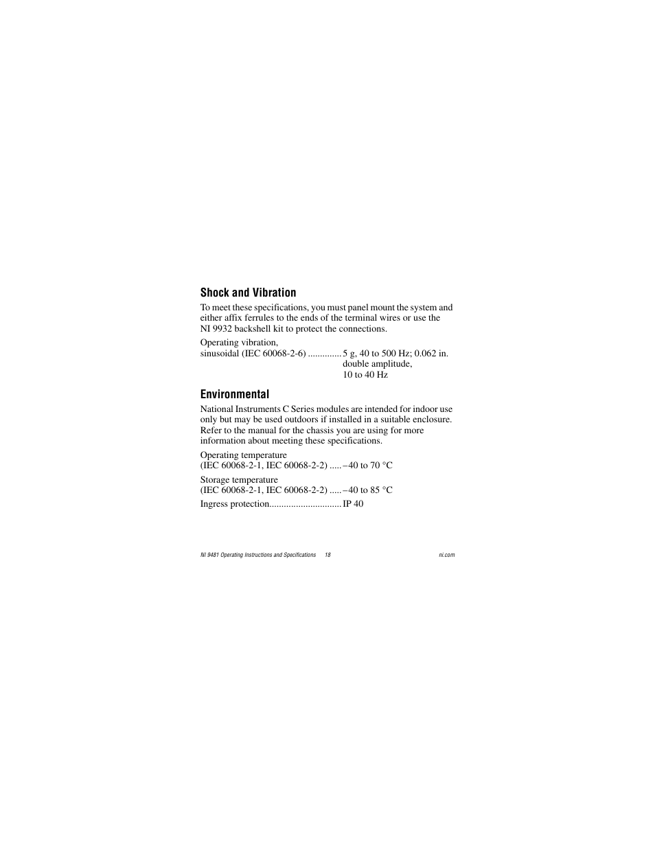 Shock and vibration, Environmental | National Instruments NI 9481 User Manual | Page 18 / 23