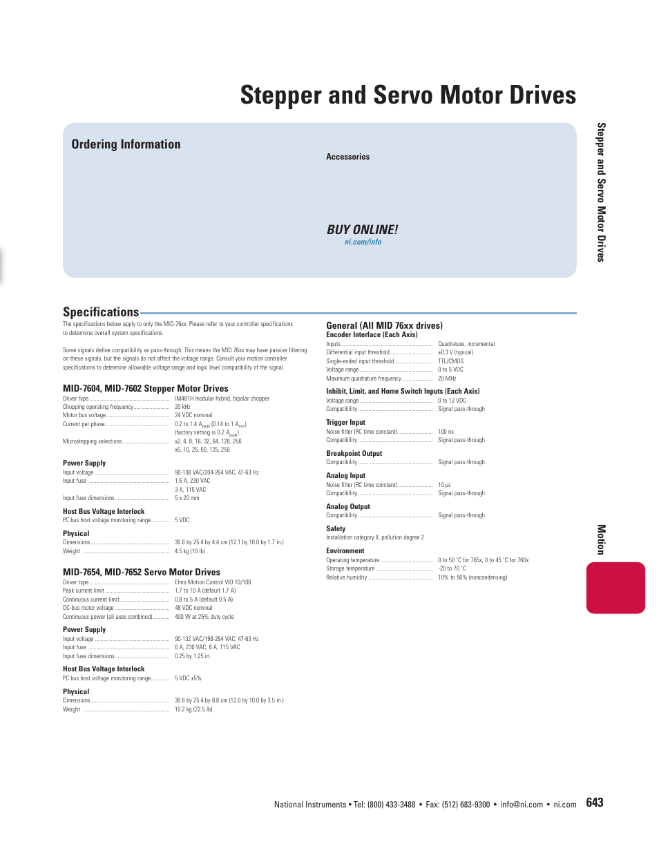 Stepper and servo motor drives, Specifications, Buy online | Ordering information, Stepper and servo motor drives motion | National Instruments NI MID-760X User Manual | Page 2 / 2