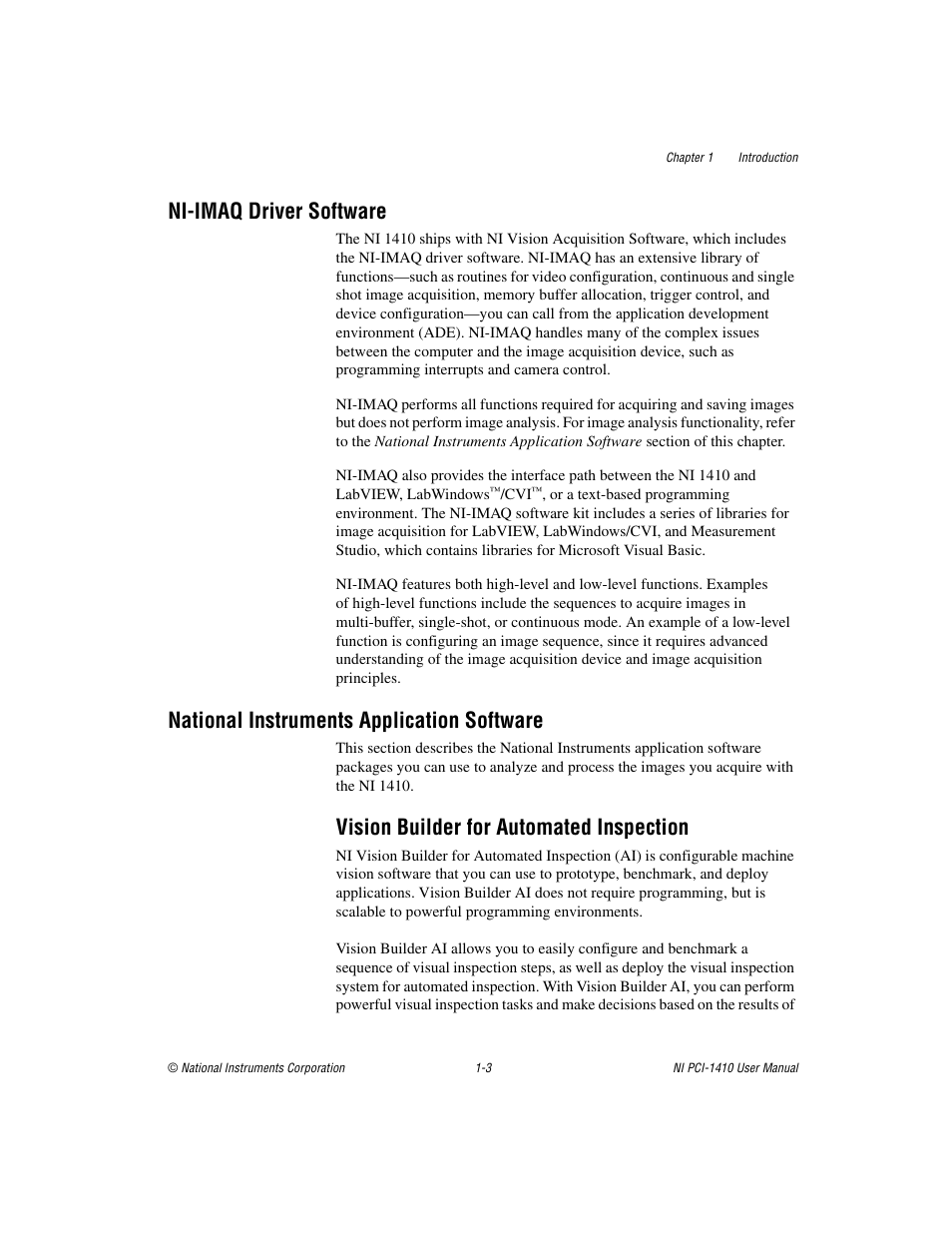 Ni-imaq driver software, National instruments application software, Vision builder for automated inspection | Vision builder for automated inspection -3 | National Instruments Monochrome Image Acquisition Device NI 1410 User Manual | Page 10 / 34