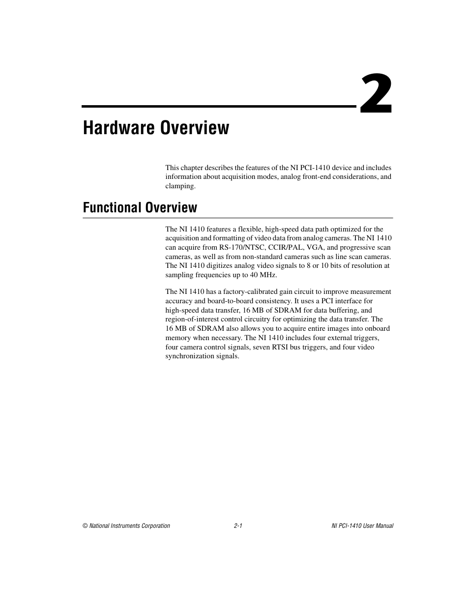 Chapter 2 hardware overview, Functional overview, Functional overview -1 | Hardware overview | National Instruments Monochrome Image Acquisition Device NI 1410 User Manual | Page 13 / 34