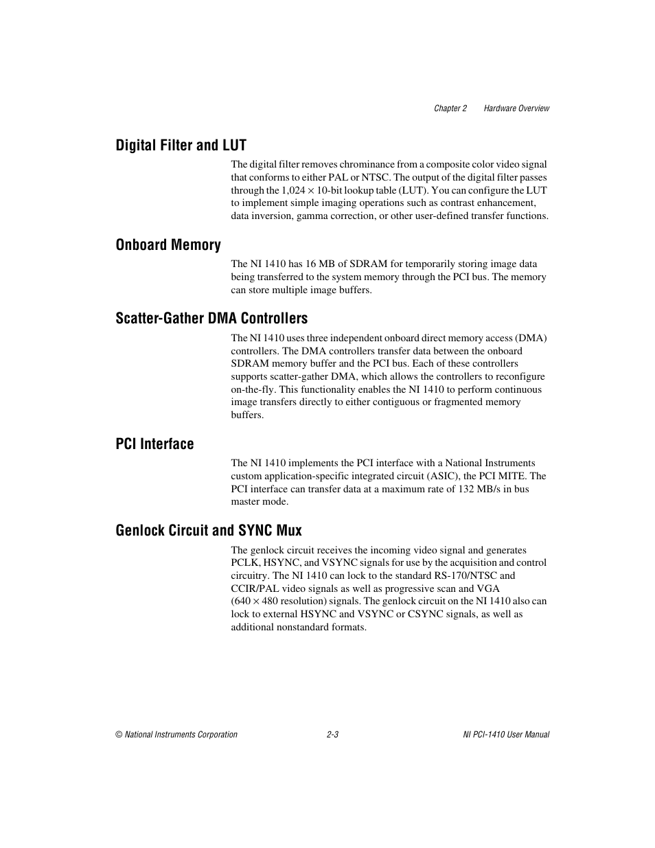 Digital filter and lut, Onboard memory, Scatter-gather dma controllers | Pci interface, Genlock circuit and sync mux | National Instruments Monochrome Image Acquisition Device NI 1410 User Manual | Page 15 / 34