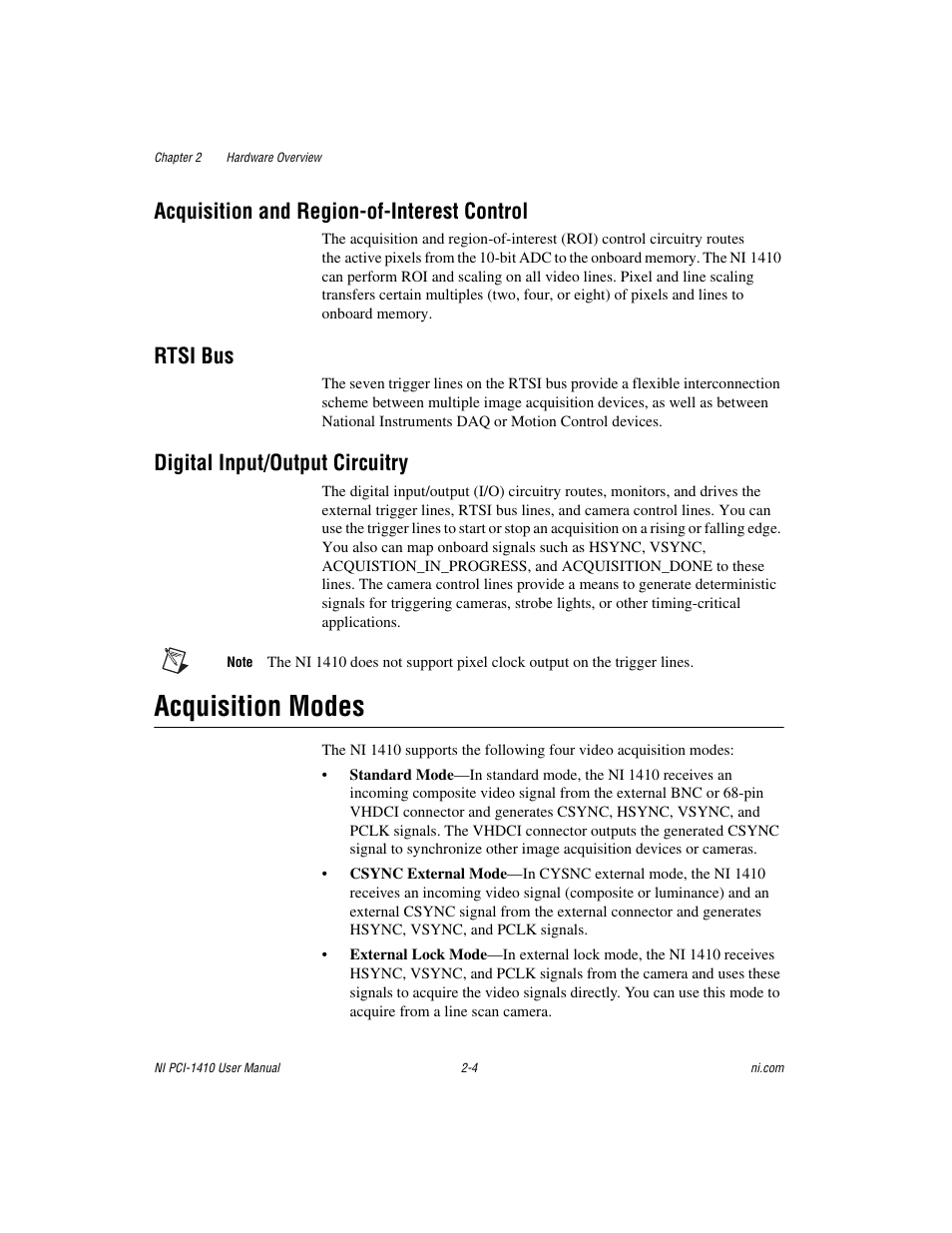 Acquisition and region-of-interest control, Rtsi bus, Digital input/output circuitry | Acquisition modes, Acquisition modes -4 | National Instruments Monochrome Image Acquisition Device NI 1410 User Manual | Page 16 / 34
