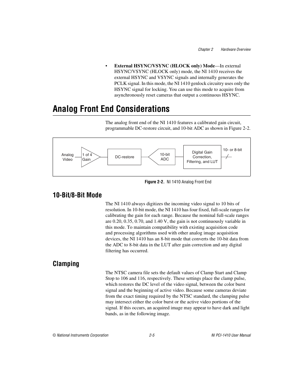 Analog front end considerations, Figure 2-2. ni 1410 analog front end, Bit/8-bit mode | Clamping, Analog front end considerations -5, Bit/8-bit mode -5 clamping -5 | National Instruments Monochrome Image Acquisition Device NI 1410 User Manual | Page 17 / 34