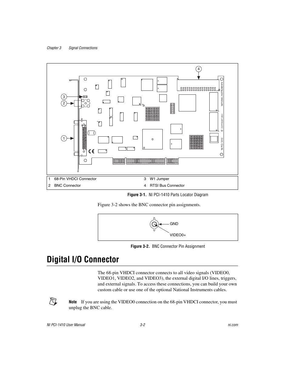 Figure 3-1. ni pci-1410 parts locator diagram, Figure 3-2. bnc connector pin assignment, Digital i/o connector | Digital i/o connector -2 | National Instruments Monochrome Image Acquisition Device NI 1410 User Manual | Page 20 / 34
