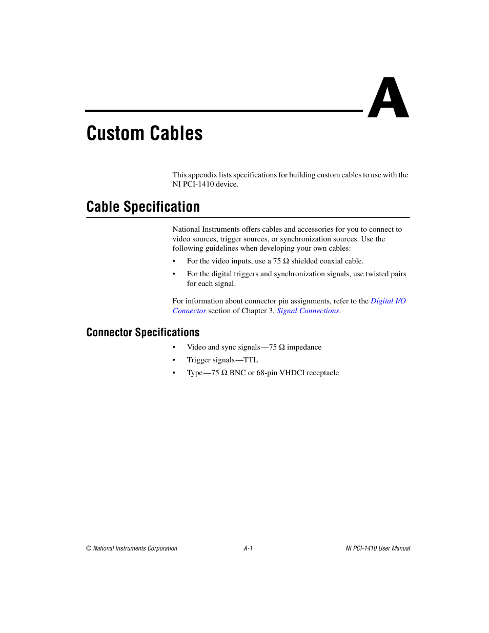 Appendix a custom cables, Custom cables, Cable specification | National Instruments Monochrome Image Acquisition Device NI 1410 User Manual | Page 24 / 34