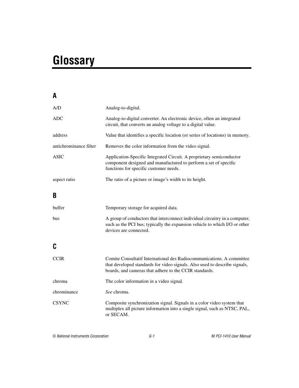 Glossary | National Instruments Monochrome Image Acquisition Device NI 1410 User Manual | Page 27 / 34