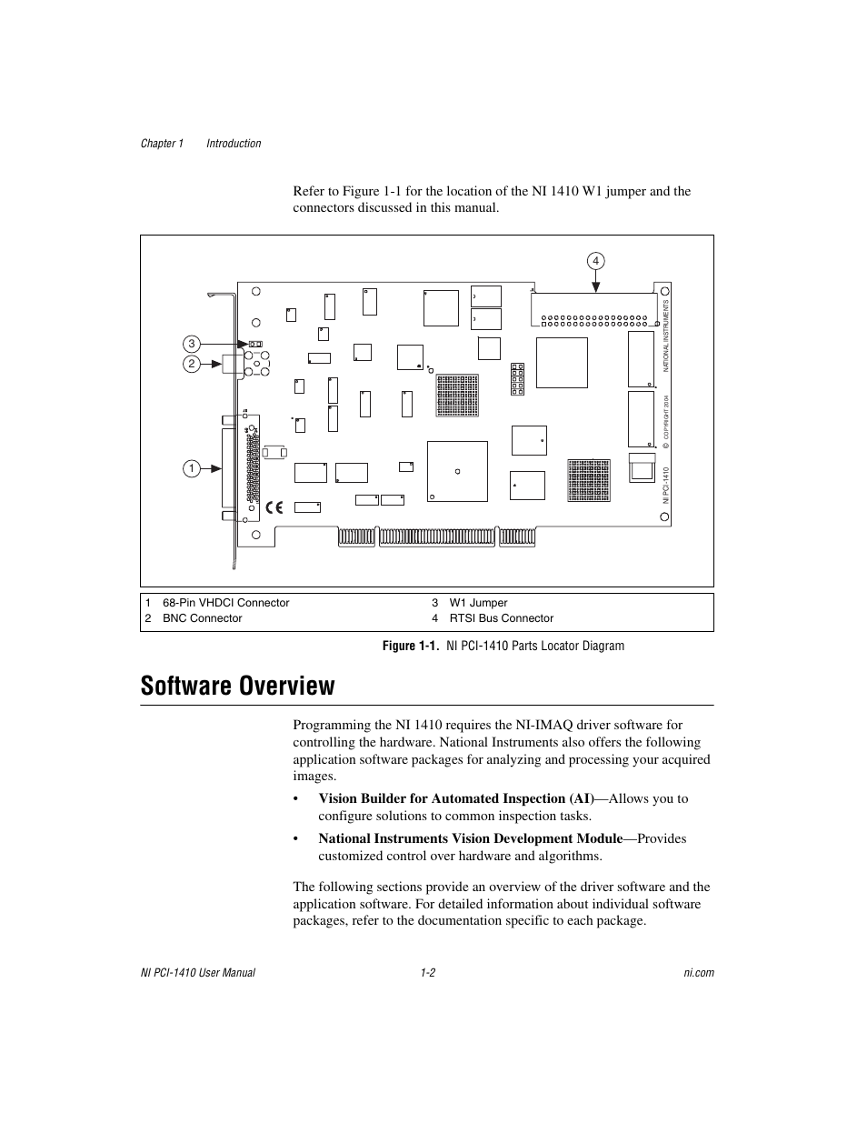 Figure 1-1. ni pci-1410 parts locator diagram, Software overview, Software overview -2 | National Instruments Monochrome Image Acquisition Device NI 1410 User Manual | Page 9 / 34