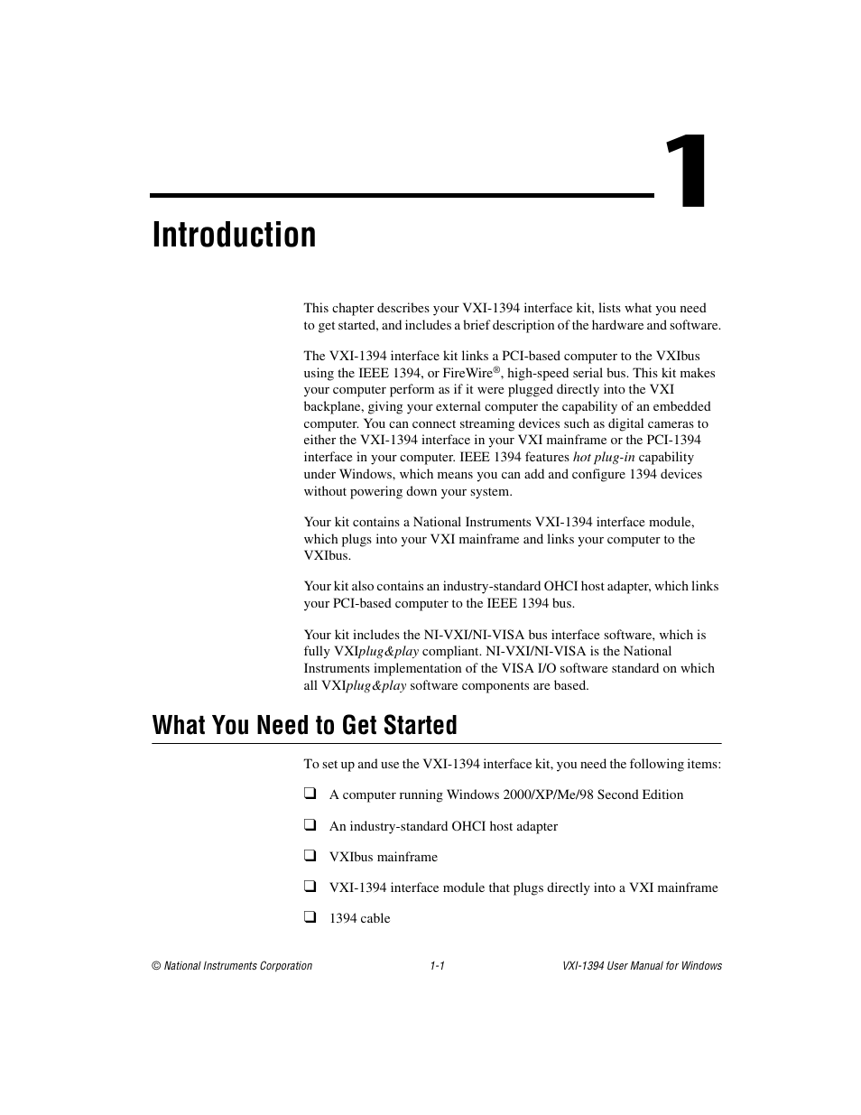 Chapter 1 introduction, What you need to get started, What you need to get started -1 | Introduction | National Instruments VXI-1394 User Manual | Page 10 / 74