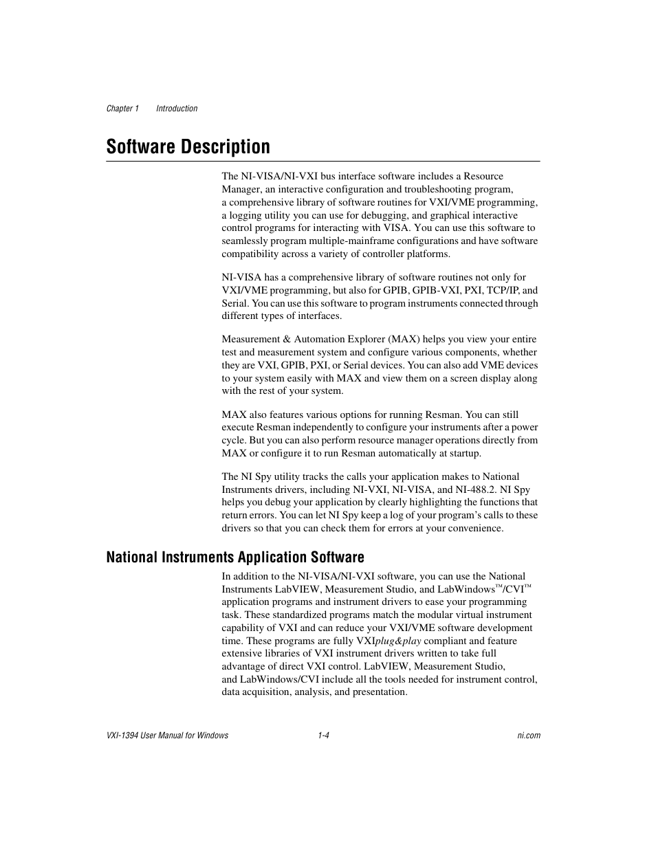 Software description, National instruments application software, Software description -4 | National instruments application software -4 | National Instruments VXI-1394 User Manual | Page 13 / 74