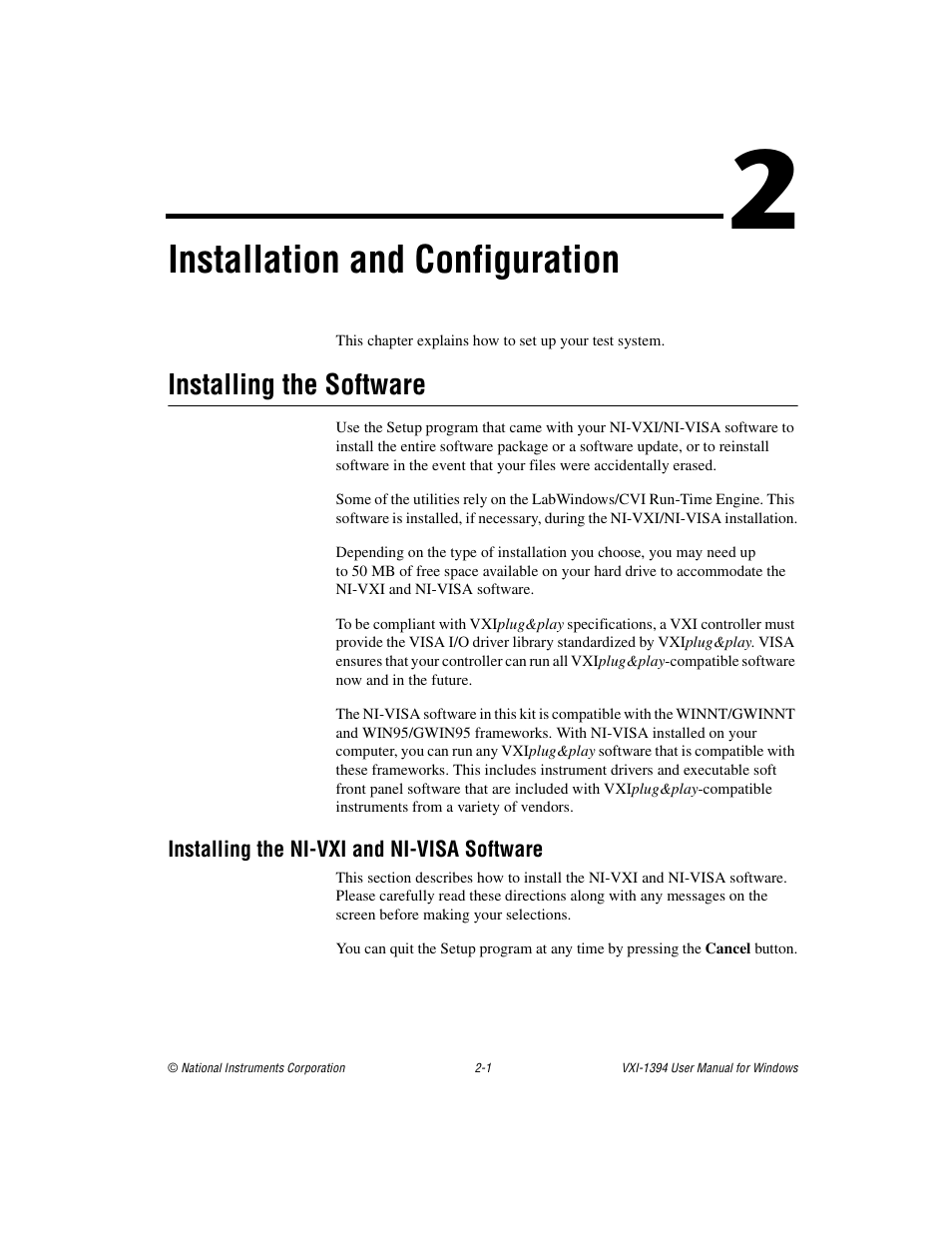 Chapter 2 installation and configuration, Installing the software, Installing the ni-vxi and ni-visa software | Installing the software -1, Installing the ni-vxi and ni-visa software -1, Installation and configuration | National Instruments VXI-1394 User Manual | Page 15 / 74