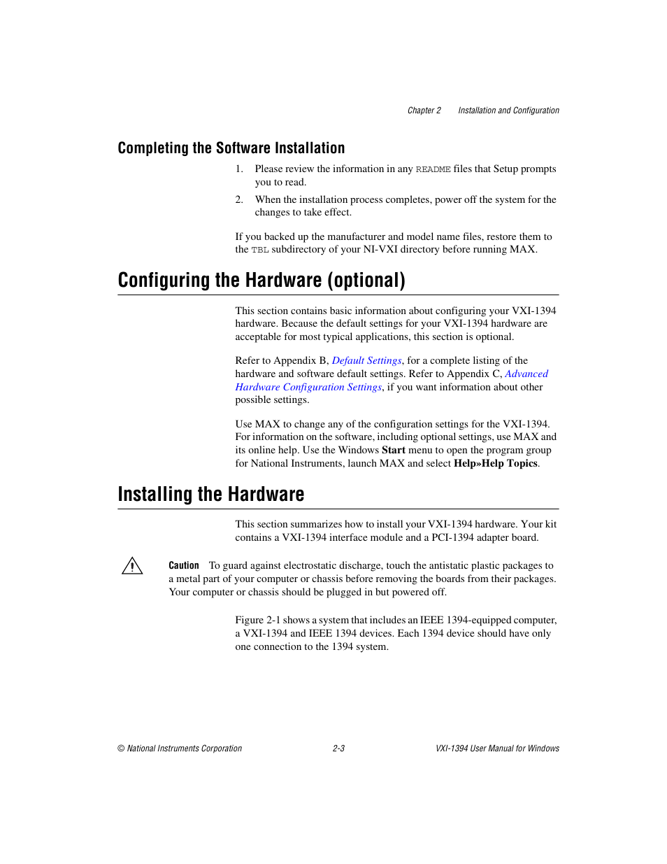 Completing the software installation, Configuring the hardware (optional), Installing the hardware | Completing the software installation -3 | National Instruments VXI-1394 User Manual | Page 17 / 74