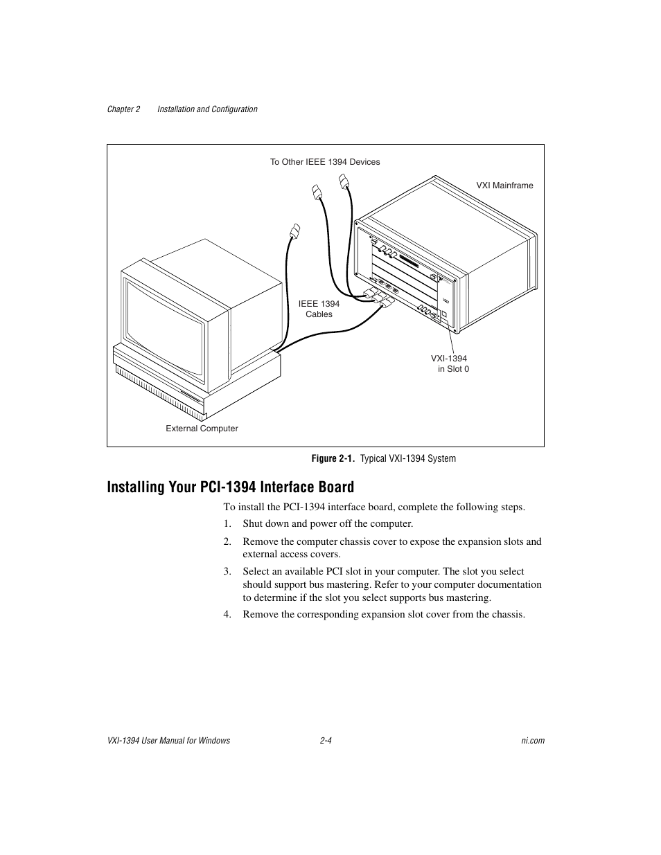 Figure 2-1. typical vxi-1394 system, Installing your pci-1394 interface board, Installing your pci-1394 interface board -4 | E 2-1 | National Instruments VXI-1394 User Manual | Page 18 / 74