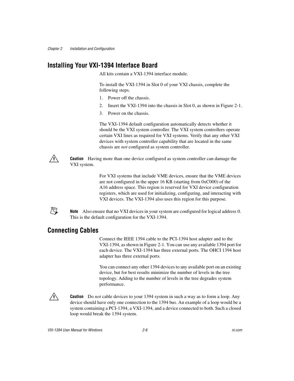 Installing your vxi-1394 interface board, Connecting cables | National Instruments VXI-1394 User Manual | Page 20 / 74