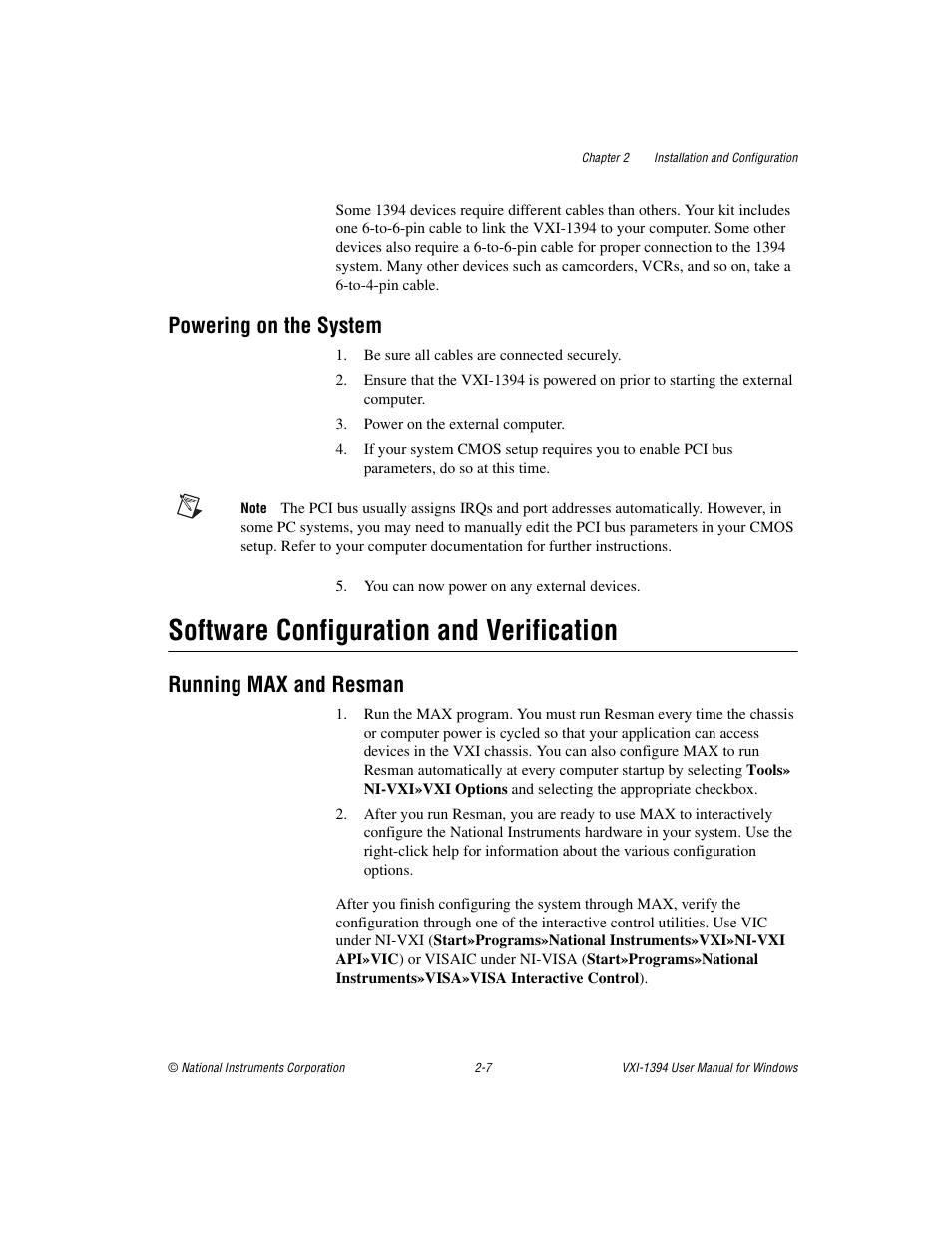 Powering on the system, Software configuration and verification, Running max and resman | Powering on the system -7, Software configuration and verification -7, Running max and resman -7 | National Instruments VXI-1394 User Manual | Page 21 / 74