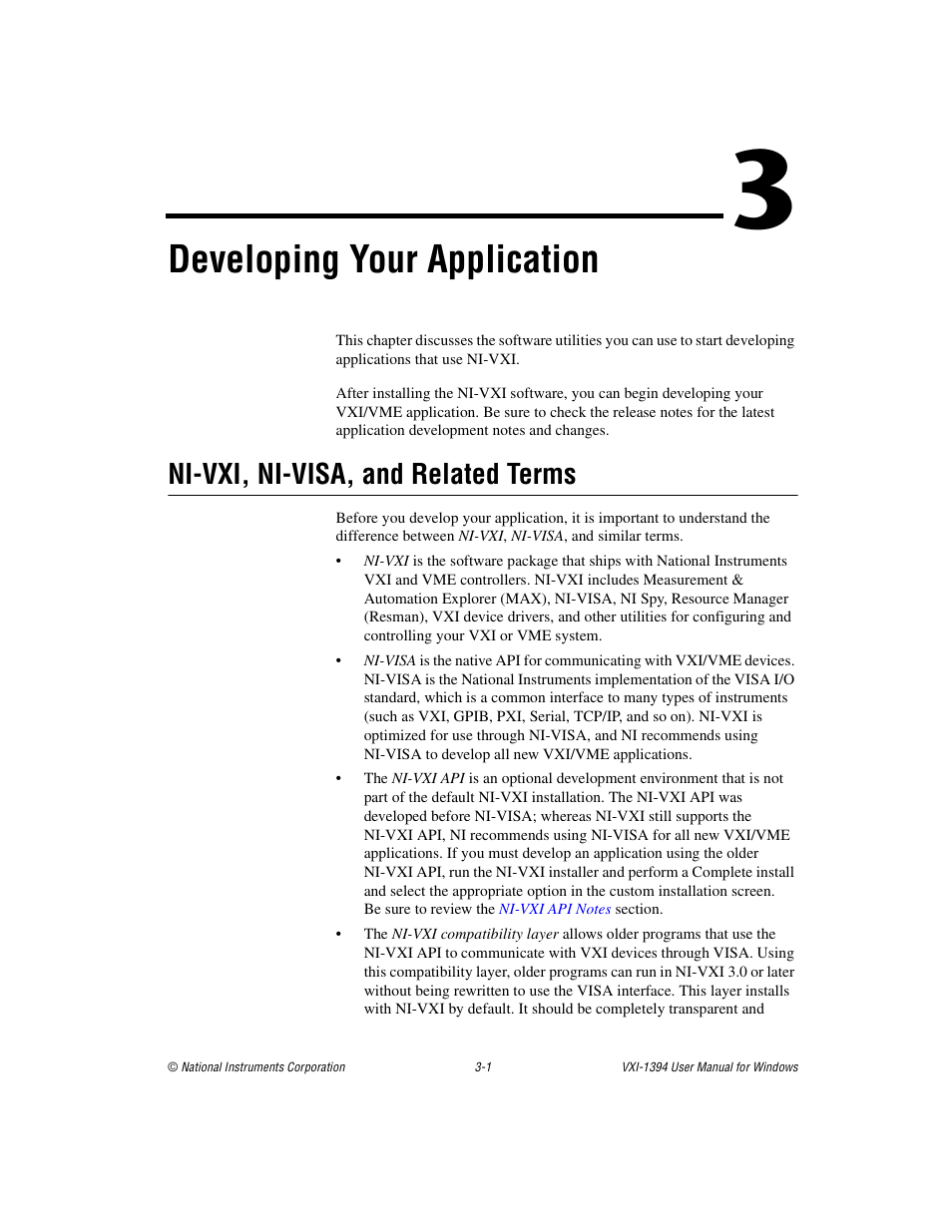 Chapter 3 developing your application, Ni-vxi, ni-visa, and related terms, Ni-vxi, ni-visa, and related terms -1 | Developing your application | National Instruments VXI-1394 User Manual | Page 22 / 74