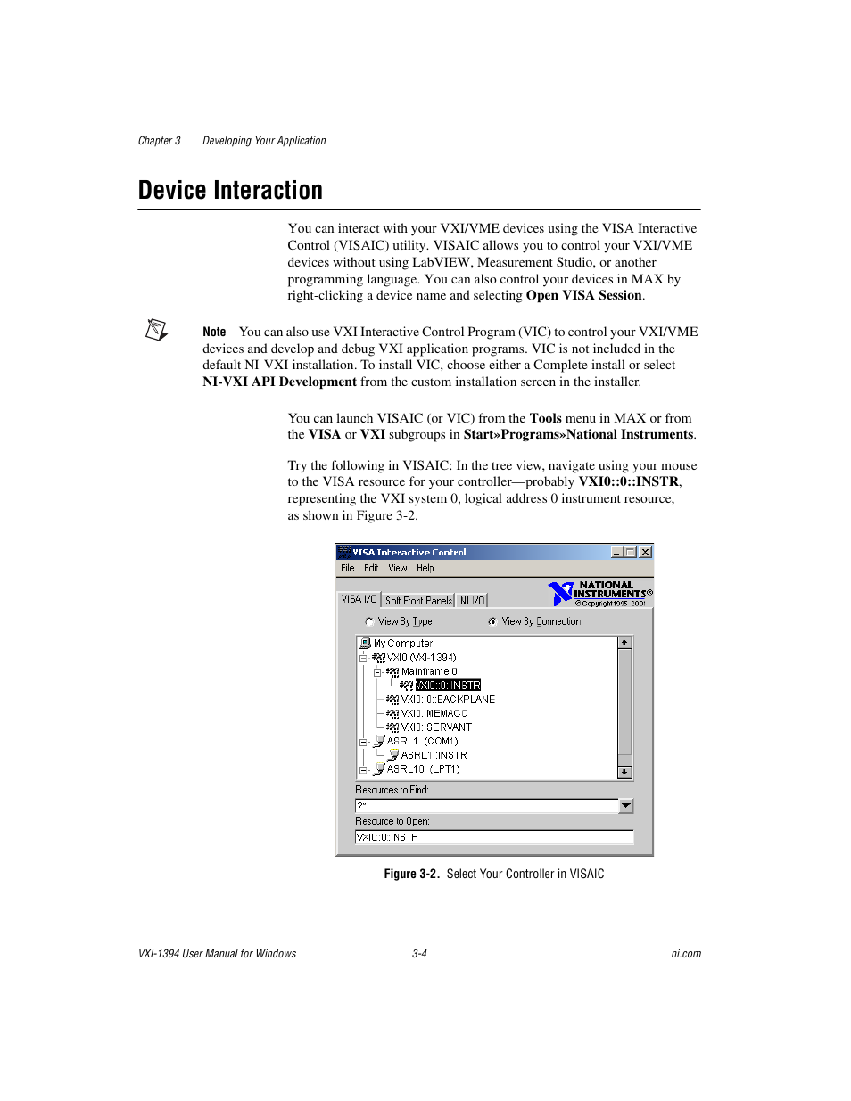 Device interaction, Figure 3-2. select your controller in visaic, Device interaction -4 | National Instruments VXI-1394 User Manual | Page 25 / 74