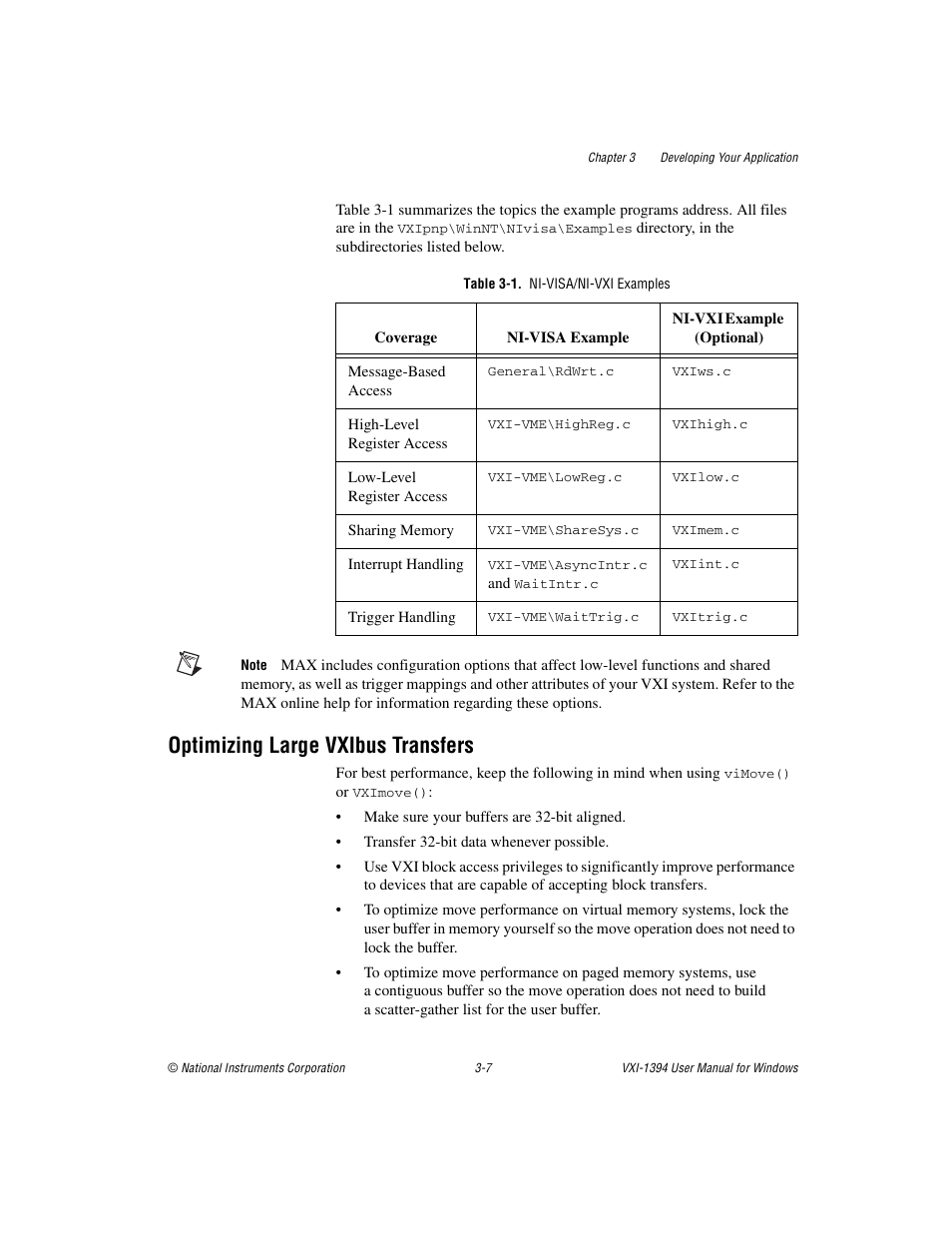 Table 3-1. ni-visa/ni-vxi examples, Optimizing large vxibus transfers, Optimizing large vxibus transfers -7 | National Instruments VXI-1394 User Manual | Page 28 / 74
