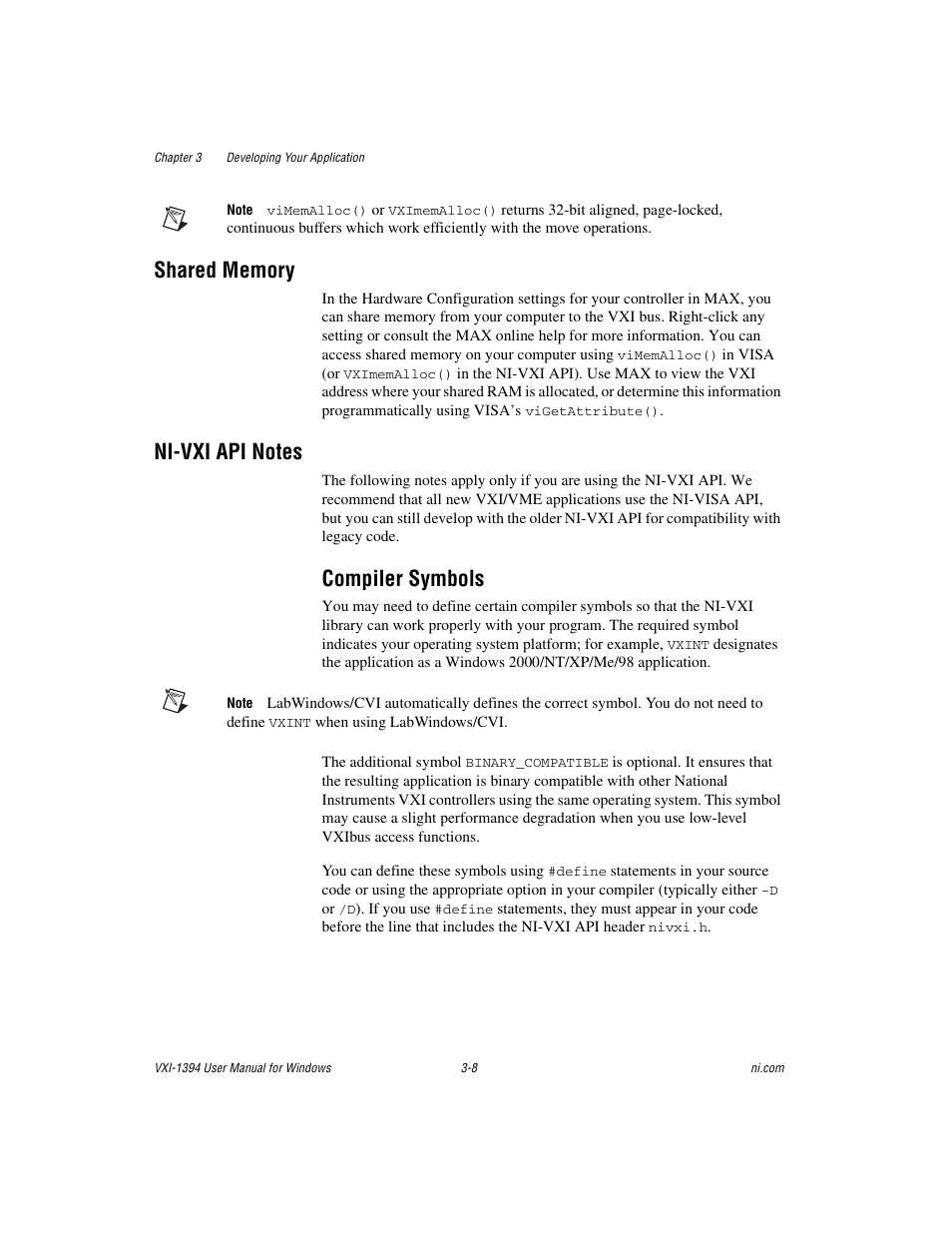 Shared memory, Ni-vxi api notes, Compiler symbols | Shared memory -8, Ni-vxi api notes -8, Compiler symbols -8 | National Instruments VXI-1394 User Manual | Page 29 / 74