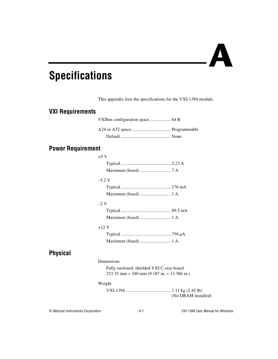 Appendix a specifications, Specifications | National Instruments VXI-1394 User Manual | Page 33 / 74