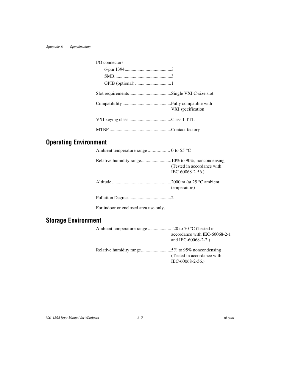 Operating environment, Storage environment | National Instruments VXI-1394 User Manual | Page 34 / 74