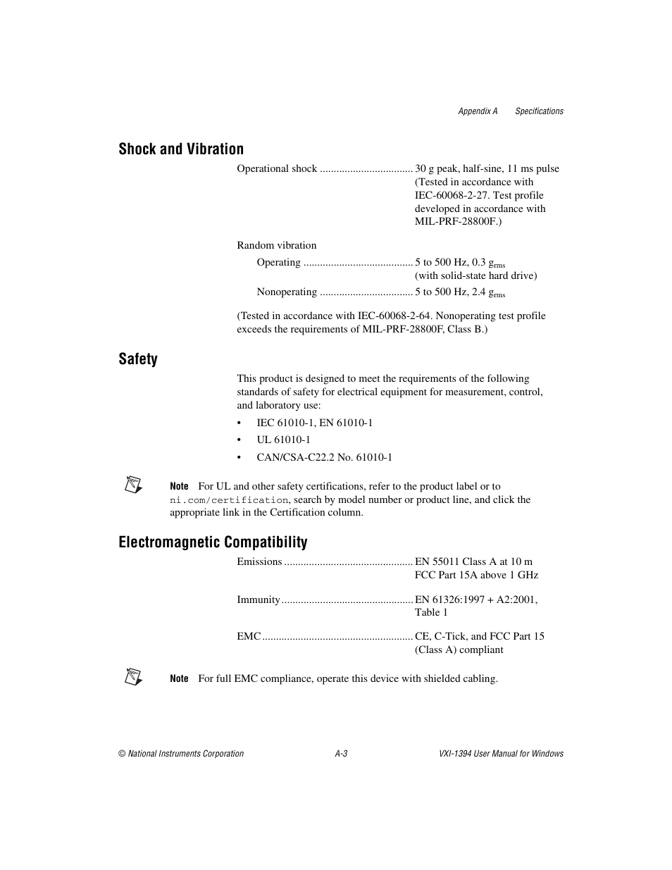 Shock and vibration, Safety, Electromagnetic compatibility | National Instruments VXI-1394 User Manual | Page 35 / 74