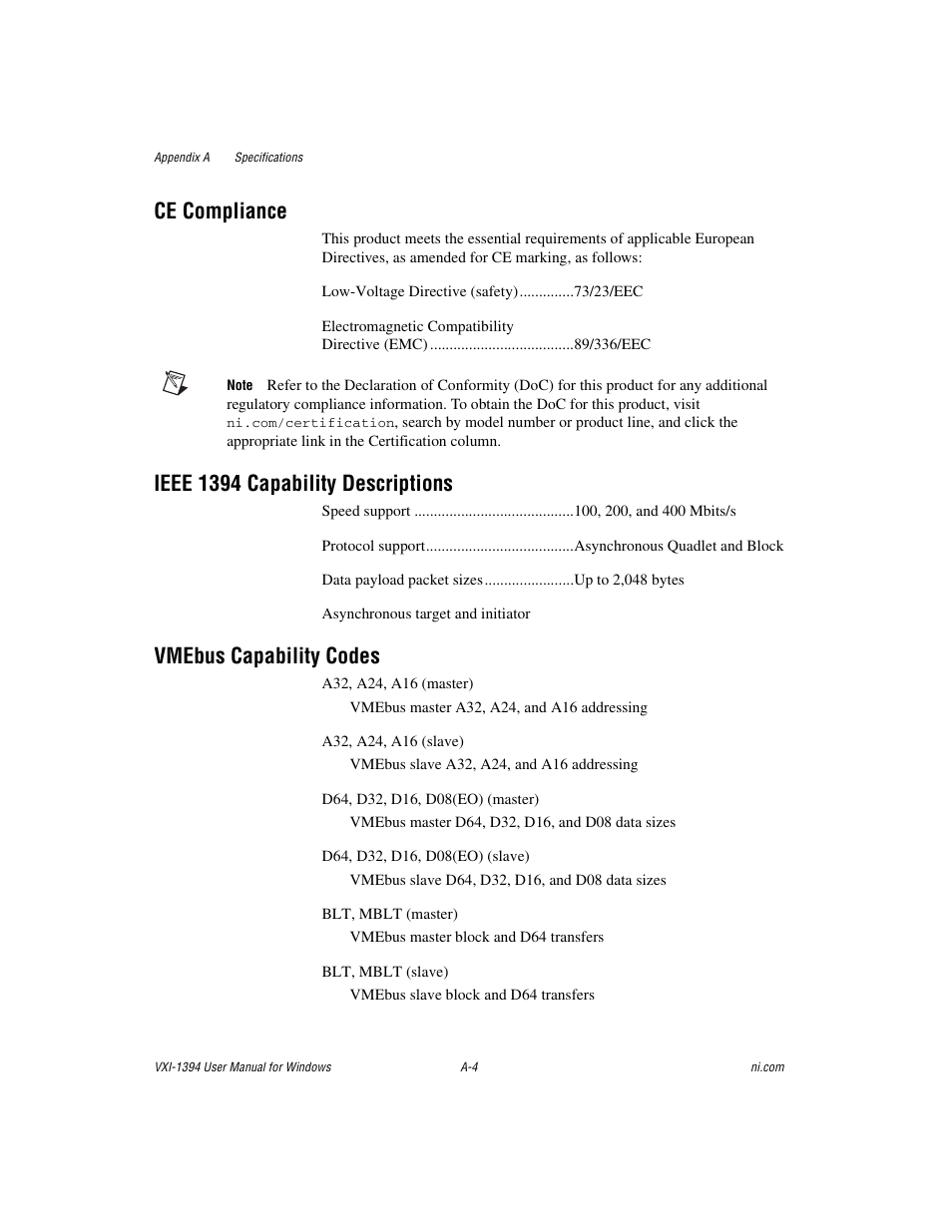 Ce compliance, Ieee 1394 capability descriptions, Vmebus capability codes | National Instruments VXI-1394 User Manual | Page 36 / 74