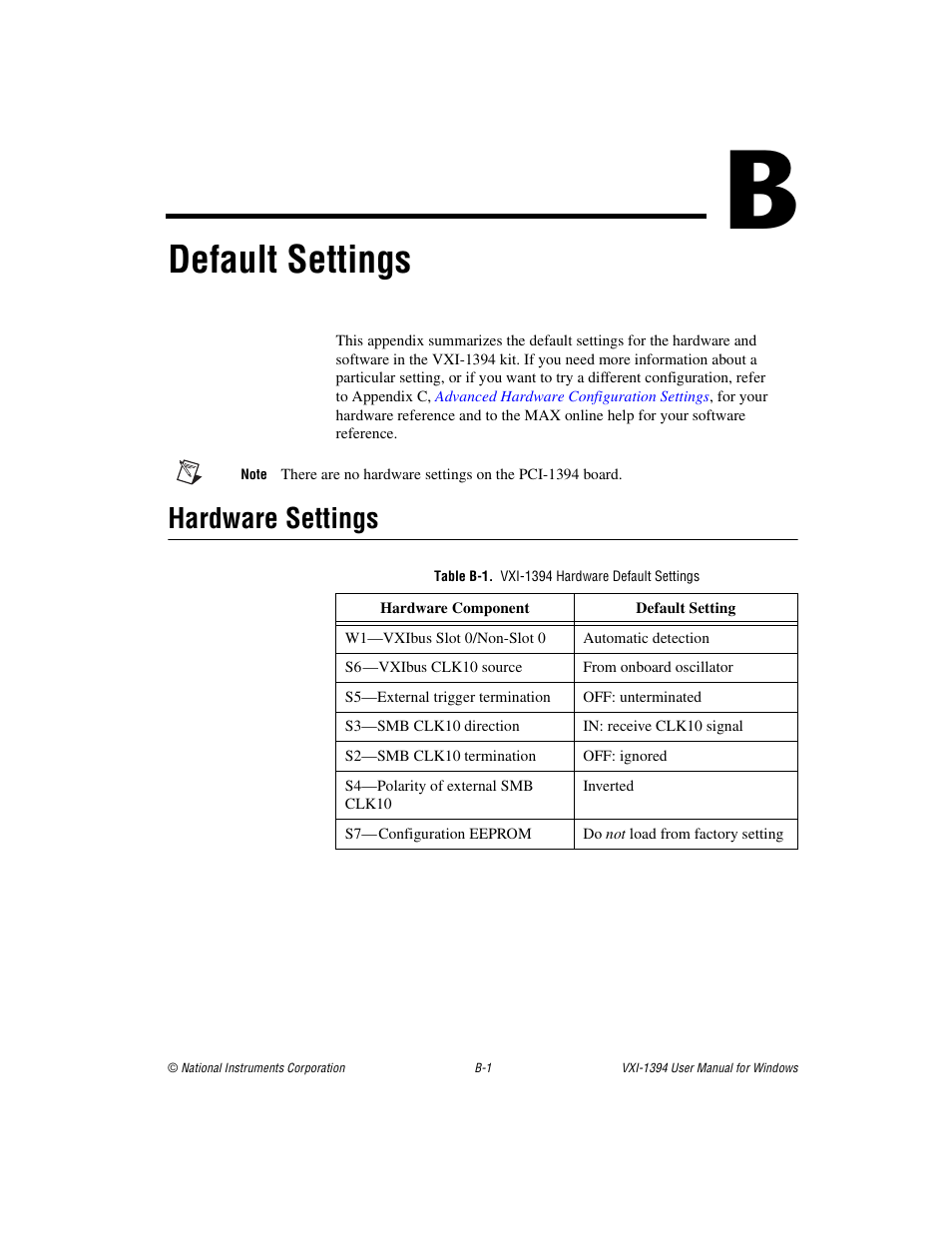 Appendix b default settings, Table b-1. vxi-1394 hardware default settings, Default settings | Hardware settings | National Instruments VXI-1394 User Manual | Page 39 / 74