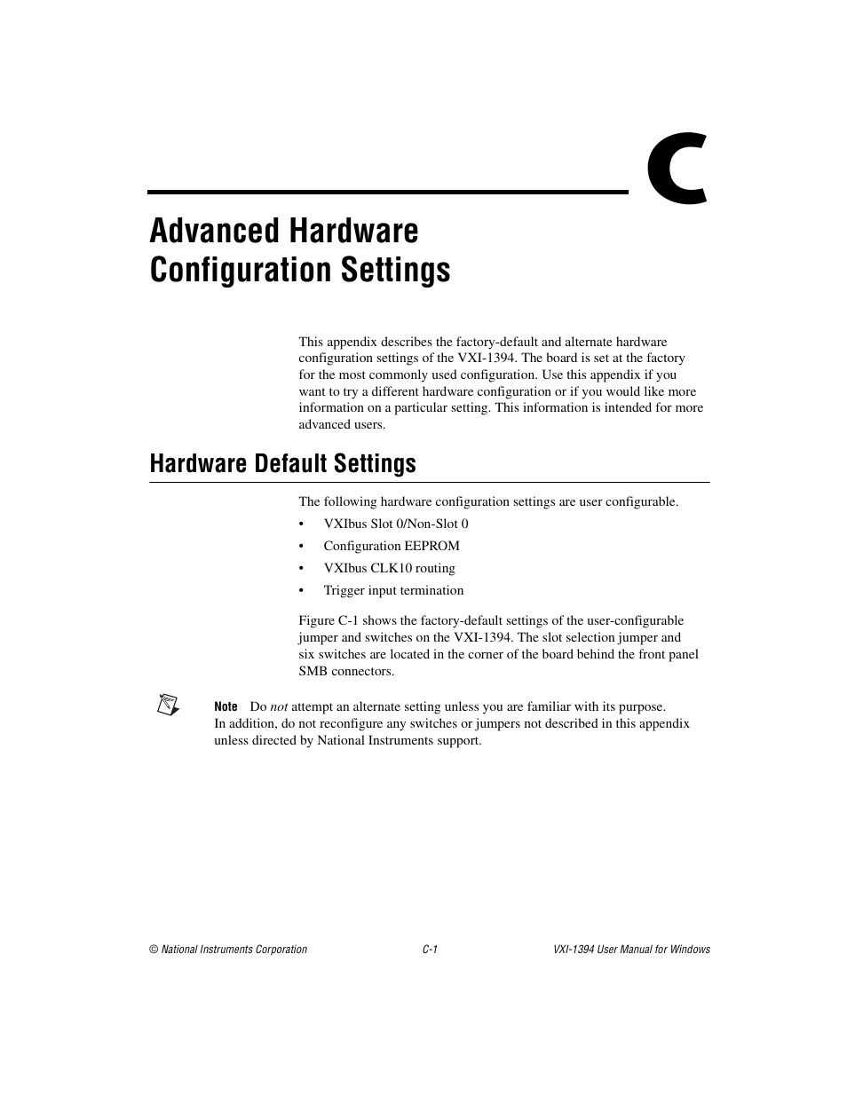 Advanced hardware, Configuration settings, Ix c | Advanced, Hardware configuration settings, Advanced hardware configuration settings, Hardware default settings | National Instruments VXI-1394 User Manual | Page 42 / 74