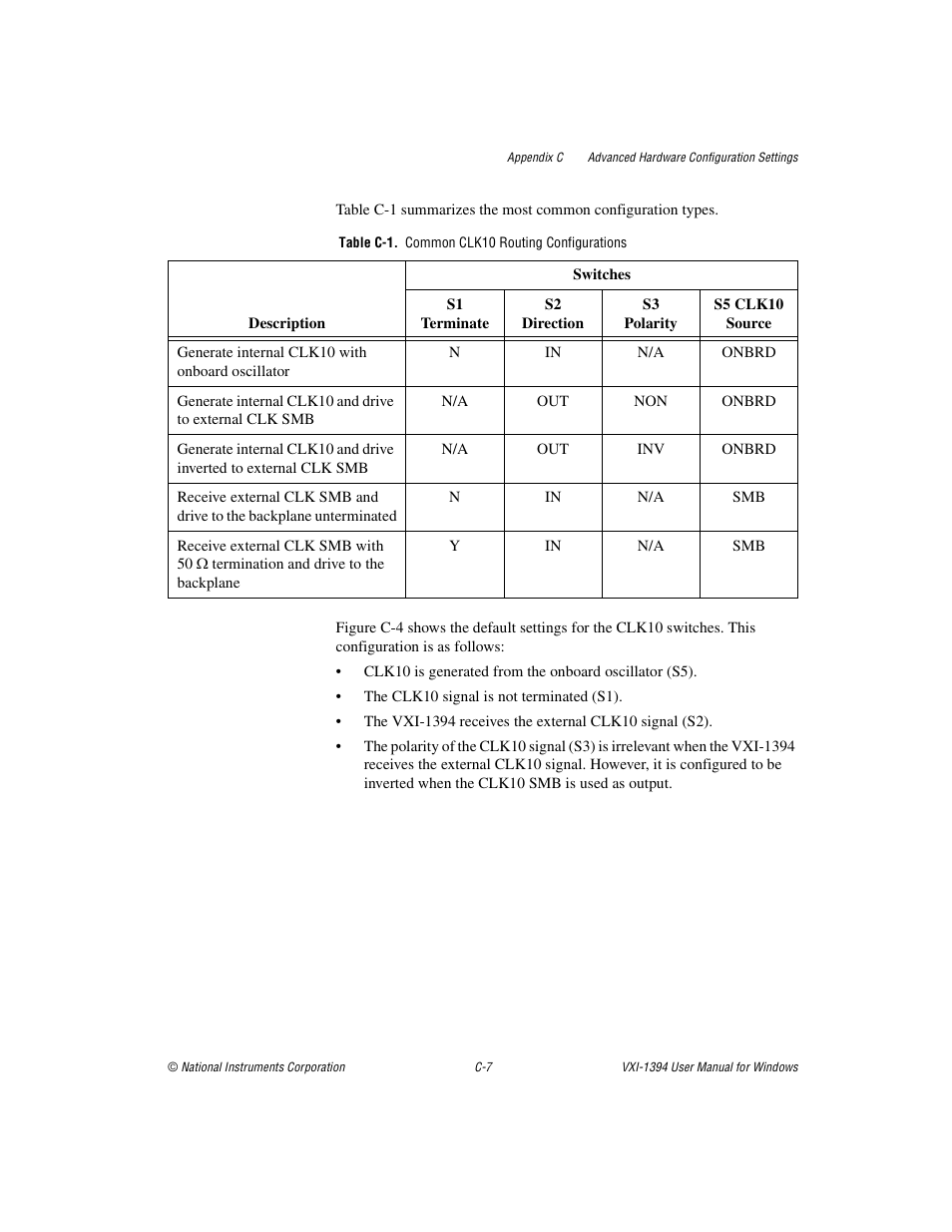 Table c-1. common clk10 routing configurations | National Instruments VXI-1394 User Manual | Page 48 / 74