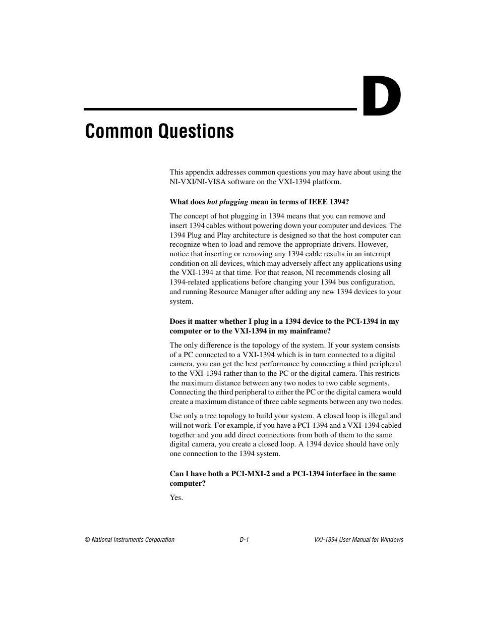 Appendix d common questions, Common questions | National Instruments VXI-1394 User Manual | Page 54 / 74