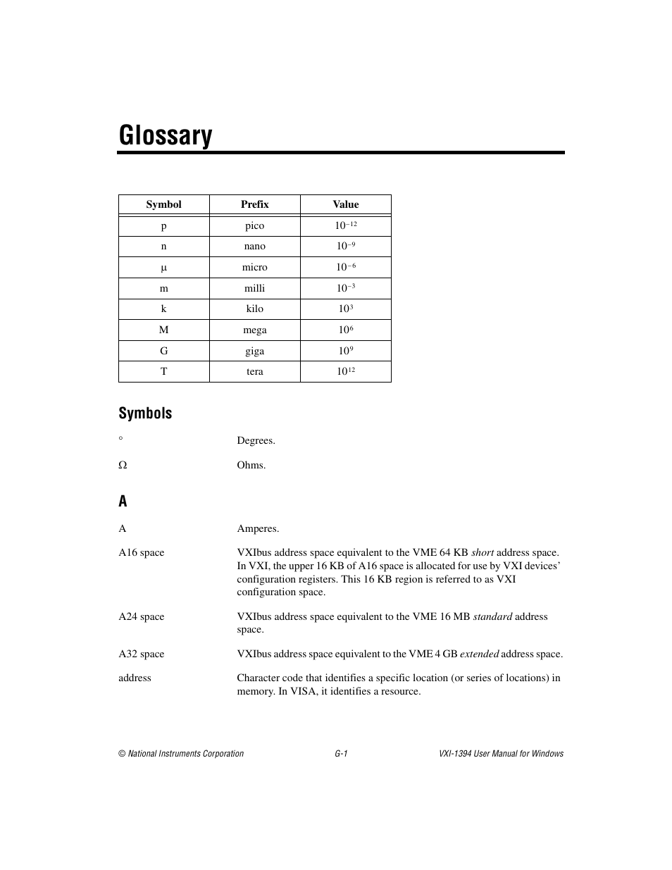 Glossary, Symbols | National Instruments VXI-1394 User Manual | Page 61 / 74