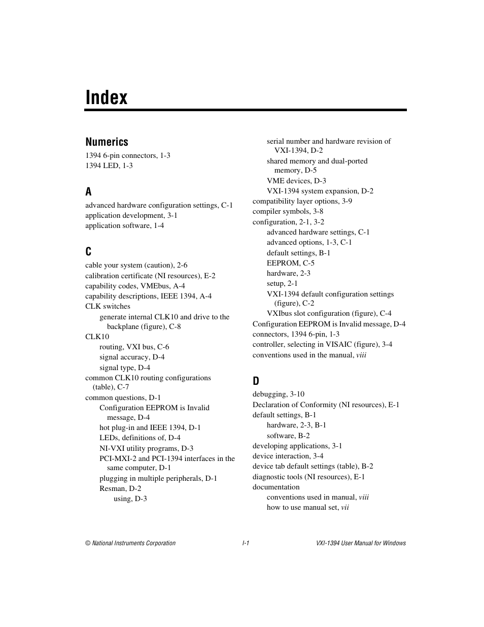 Index, Numerics | National Instruments VXI-1394 User Manual | Page 71 / 74