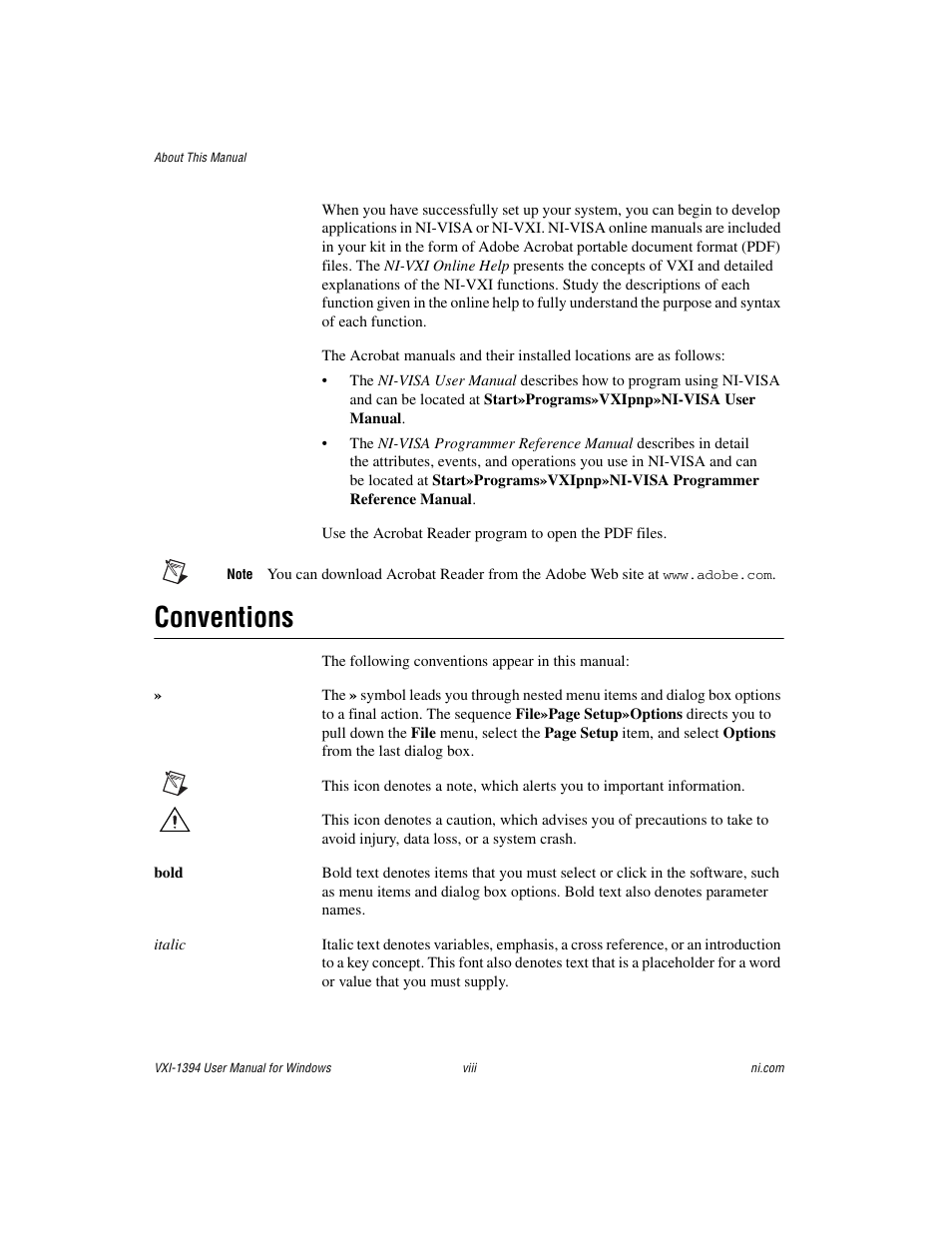 Conventions | National Instruments VXI-1394 User Manual | Page 8 / 74