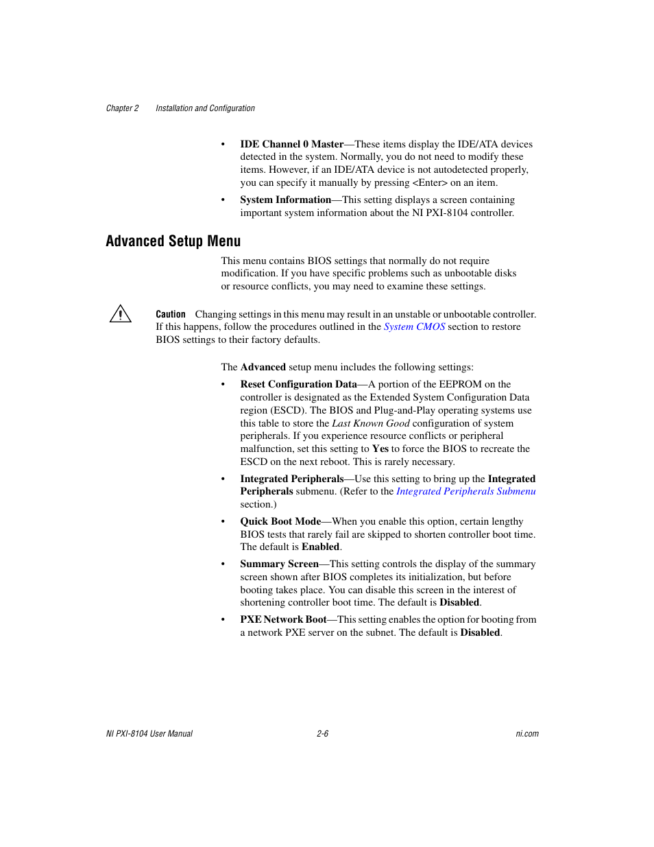 Advanced setup menu, Advanced setup menu -6 | National Instruments NI PXI-8104 User Manual | Page 20 / 69