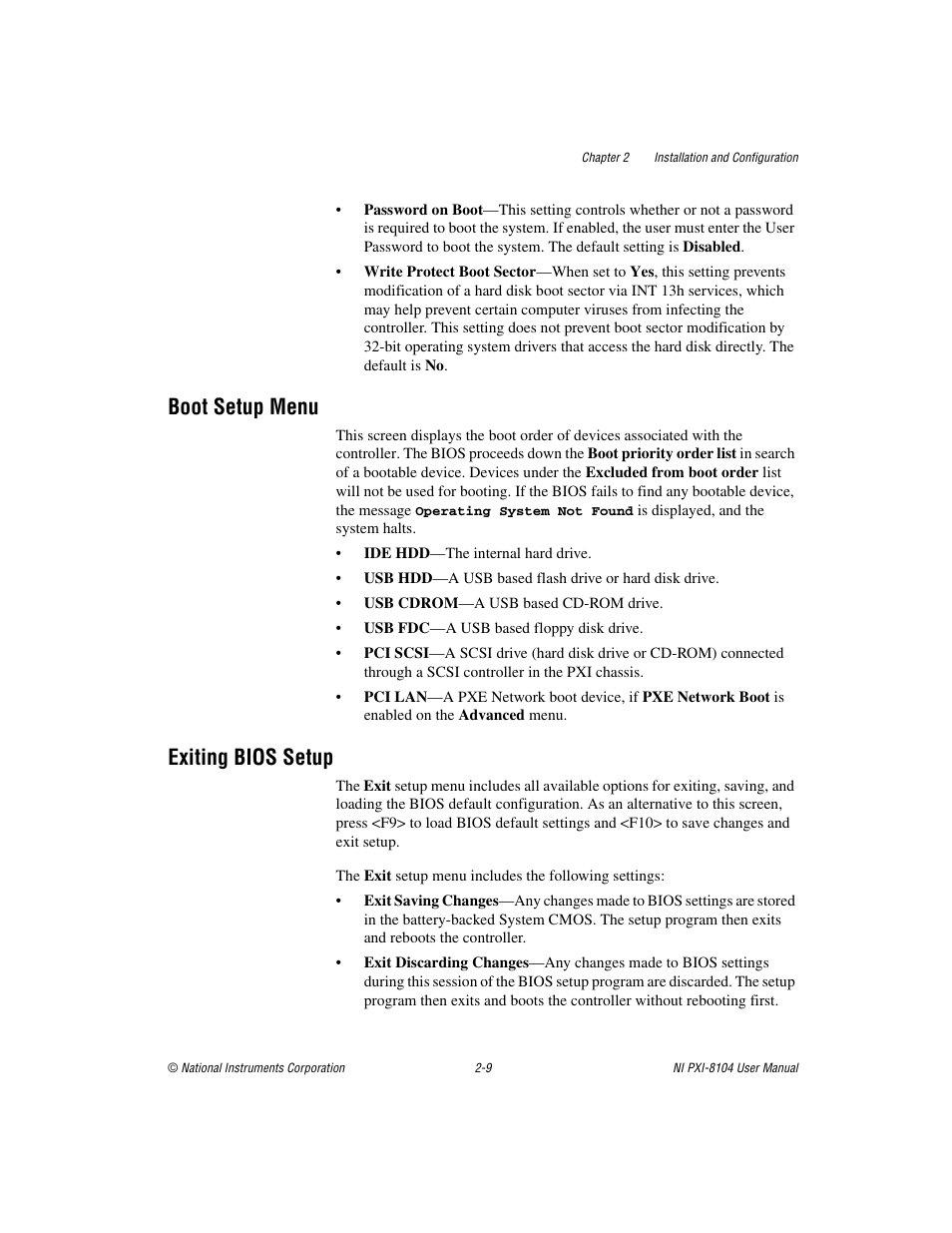 Boot setup menu, Exiting bios setup, Boot setup menu -9 exiting bios setup -9 | National Instruments NI PXI-8104 User Manual | Page 23 / 69