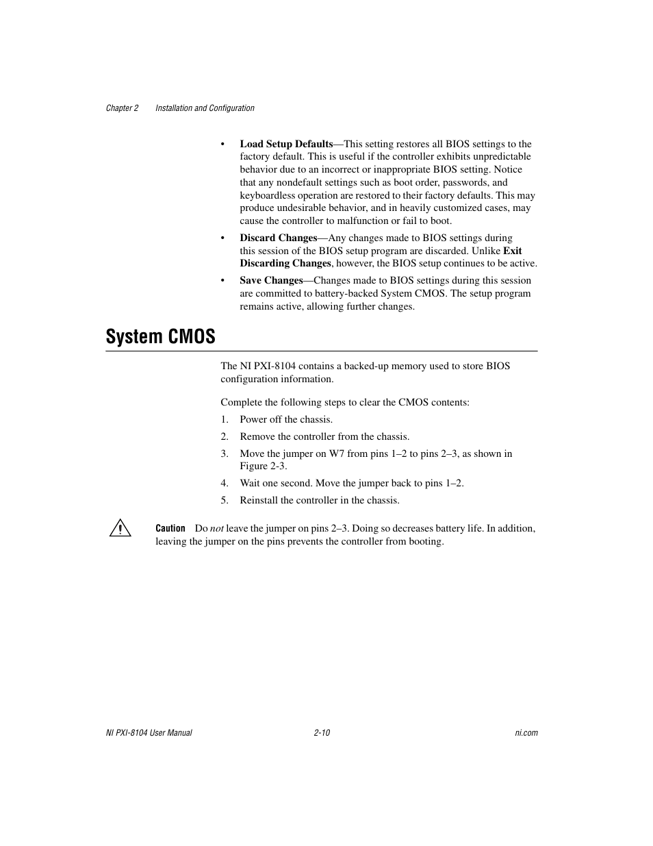 System cmos, System cmos -10, Sect | National Instruments NI PXI-8104 User Manual | Page 24 / 69
