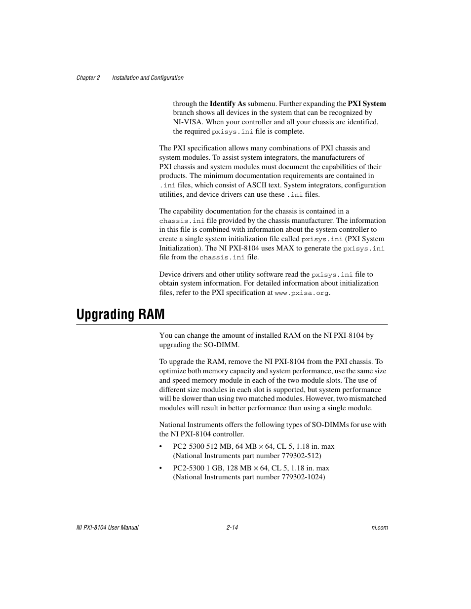 Upgrading ram, Upgrading ram -14 | National Instruments NI PXI-8104 User Manual | Page 28 / 69