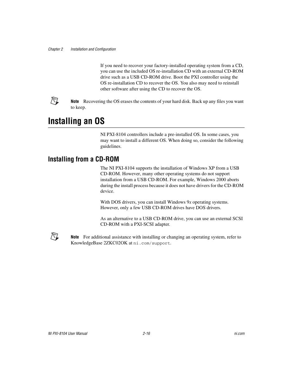 Installing an os, Installing from a cd-rom, Installing an os -16 | Installing from a cd-rom -16 | National Instruments NI PXI-8104 User Manual | Page 30 / 69